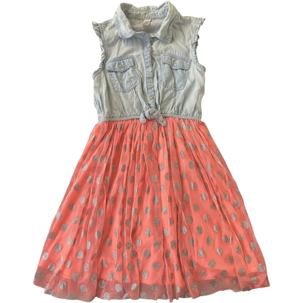 Justice Girls Denim and Coral Pink Tulle Glitter Polka Dot Dress Size 12